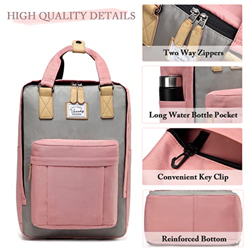 VASCHY School Backpack for Women/Teen Girls, Travel Backpack Water Resistant College High School Computer Bag Student Bookbag, Pink and Gray