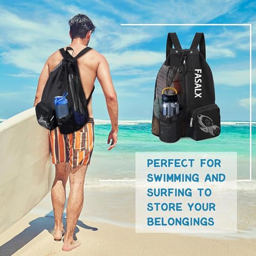 3-in-1 Swim Beach Gym Gear Set.Mesh Drawstring Backpack + Microfiber Beach Towel + Waterproof Phone Pouch, for Swimming, Gym - color: Black