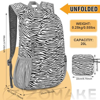 ZOMAKE Lightweight Packable Backpack 20L,Foldable Backpacks Small Daypack for Hiking Water Resistant Day Bag for Travel(Zebra Print) - color: Zebra Print
