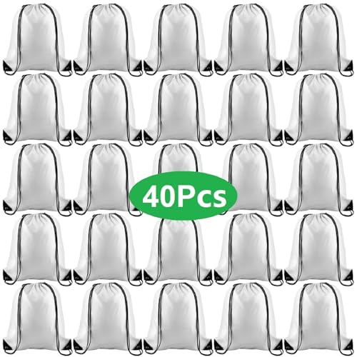 KUUQA 40Pcs Drawstring Backpack Bags Bulk White Drawstring Bag Foldable Gym Bag Sport Cinch Sack String Backpack Storage Bags for Women Men Shopping Gym Travel Sports - color: White
