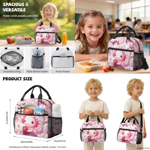 ZDCUSTOM Axolotl School Backpack for Kids 5PCS Set, Cute Backpacks with Pencil Case Water Bottle Holder Keychain, Pink Elementary Bookbag, Back to School Supplies for Boys Large Capacity - color: Strawberry Axolotl
