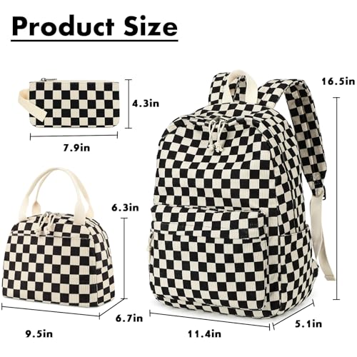 Bluboon School Backpack Set Girls Womens Laptop Bookbag Casual Daypack Fits 15 inch Laptop with Lunch Tote Bag and Pencil Bag - color: Corduroy Black Checkered 1