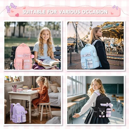 MOONBABY Girls Backpack, Kids Backpack for Girls School Bags with Pen Case, Bow Plaid Book Bag for Elementary Middle Primary High School College, Pink-2pcs - color: Pink