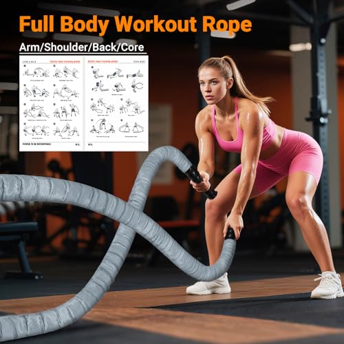 Battle Rope 1/1.26/1.5/2 Inch Diameter,Pink 30FT/40FT/50FT Exercise Workout Ropes for Home Gym Heavy Weighted Training Rope for Working Out - style: 1.5 inch 30ft-Gray