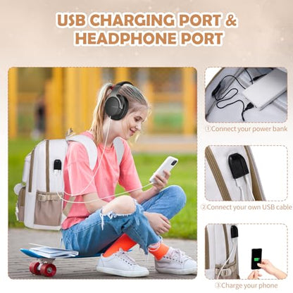 ACESAK Backpacks for Girls, Girls Backpack with Lunch Box and Pencil Case for Teen Kids Elementary Middle High School College Student, Children Backpack Bookbag with USB Charging Port (Khaki) - color: Off-white With Khaki Accent