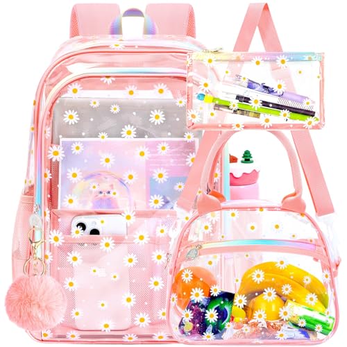gxtvo 3PCS Clear Backpack Heavy-Duty Set for Women & Teen Girls, 17" Pink Transparent Bookbag with Rainbow Strap, Cute Chrysanthemum See Through School Bag - color: Pink Chrysanthemum Clear Backpack Set