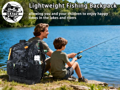 Fishing Backpack with Tackle Boxes and Rod Holder, Cooler, 30L Large Tackle Bag with Fishing Gear Lures Kit, Waterproof Bottom tackle Backpack Fish Set Gifts for Men Women-Camo Back Pack - color: Camo BackPack