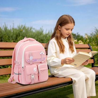 MUSEVOS Girls Backpack, Kids Backpack for Girls, School Bookbag for Teens Age 6-15, Large Capacity Water Resistant Backpack for Elementary to High School, Cute Travel Daypack, Pink - color: Pink