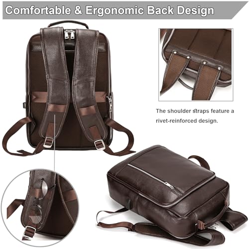 Genuine Leather 15.6 Inch Laptop Backpack for Men, Multi Pocket Slim Daypack Shoulder Bag with Trolley Sleeve for Business Travel (Brown) - color: Y80&28y Coffee