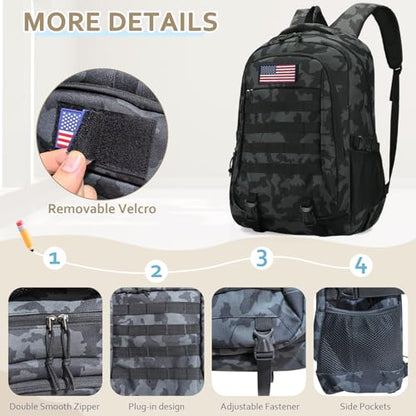 19'' Camo Backpack for Boys - Waterproof Tactical Bookbag for 15.6" Laptop Sleeve & MOLLE System for School Camping Travel - color: Camo Backpack Single Pack 4