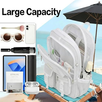 Mesh Backpack for Girls Boys, Women Mesh Bookbags Heavy Duty Semi-Transparent School Bag Net Back Pack for Travel, Beach, Swimming, Work - White - color: White