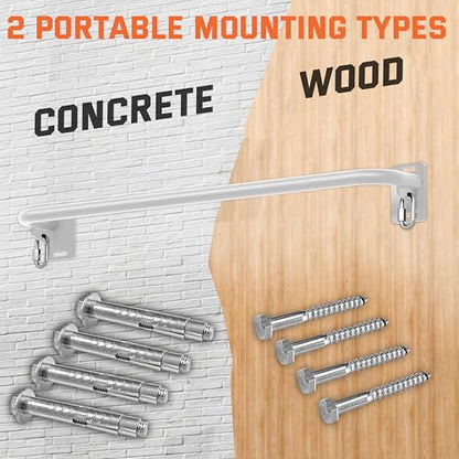 36" Heavy Duty Pull Up Bar Wall/Joist Mounted, 600 LB Capacity, Multi-Grip Bar for Garage & basement rafter Use - All-in-One Workout Station with Carabiners & Space-Saving Design - color: White