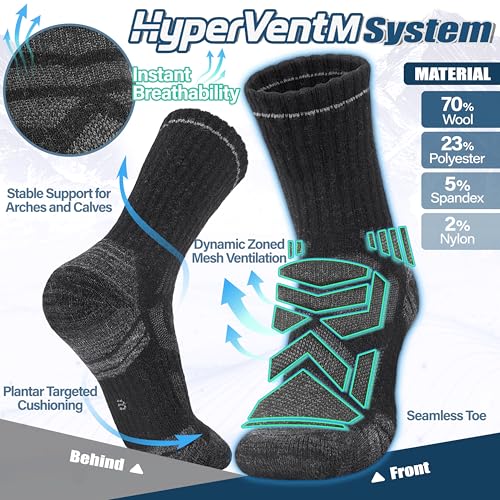 ANTSANG Merino Wool Hiking Socks, Enhanced Breathability, Targeted Cushion Thermal Socks for Men and Women, 5 Pairs - color: Black, size: Large