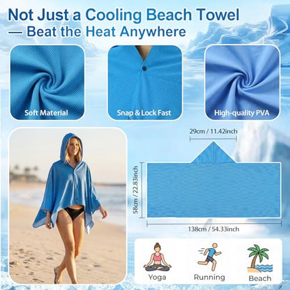 Cooling Hooded Beach Towel Cloak for Men Women - Double Layer PVA Fabric Cool Towel Cape, Instant Cooling Soft Ice Towelfor Beach Yoga Camping (Blue) - color: Blue