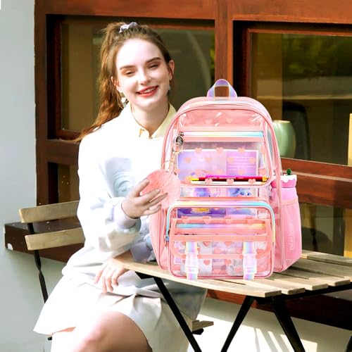 KLFVB 3PCS See Through Backpack Heavy Duty, Girls Clear School Bag Set, Cute Transparent Bookbag for Women - Heart Love Deep Pink - color: Heart Love Deep Pink Clear Backpack