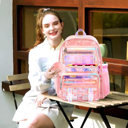 KLFVB 3PCS See Through Backpack Heavy Duty, Girls Clear School Bag Set, Cute Transparent Bookbag for Women - Heart Love Deep Pink - color: Heart Love Deep Pink Clear Backpack