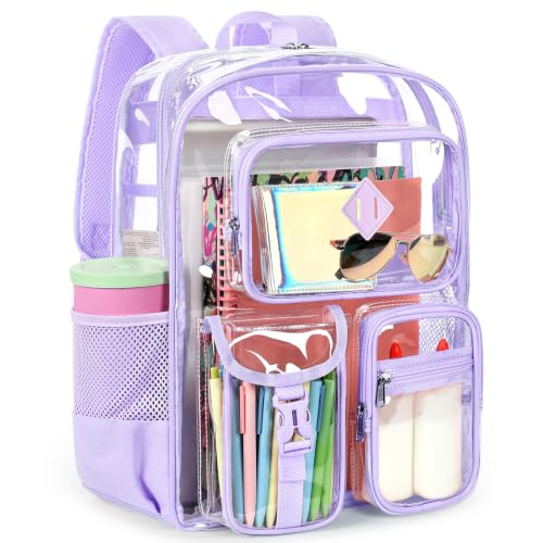 ZORFIN 17 Inch Clear Backpack, Large Transparent Bookbag with Reinforced Straps for School College Work - color: Purple, size: Large