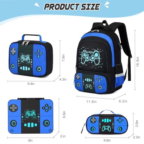 Bevalsa Backpack for Boys with 43OZ Bento Lunch Box,Insulated Lunch Bag & Pencial Case,Cool Luminous Gamer Schoolbag for Kids Teens Elementary Middle School,Bookbag Glow In The Dark - color: Blue Game, style: Modern