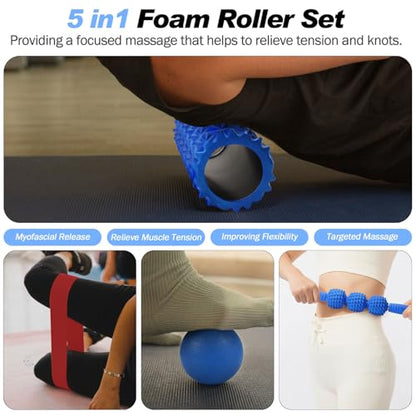 JOYENERGY 5 in 1 Foam Roller Set Trigger Point Foam Roller, Massage Roller Stick, Massage Ball, Stretching Strap for Deep Muscle Massage Pilates Yoga, Fitness Exercise for Whole Body (Blue Diamond) - color: Blue Diamond