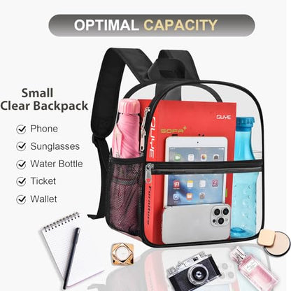 Oraben Clear Backpack Stadium Approved, Clear Bag 12 x 6 x 11 in, Small Transparent Backpack for Concerts, Sports Events, Festivals, Waterproof, Adjustable Straps, Women Men - color: Black, style: Enhanced Strap