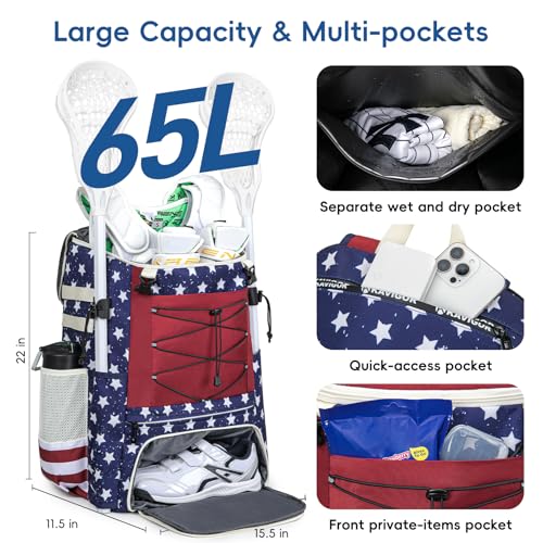 KAVIGOR Lacrosse Bag 65L, Extra Large Lacrosse Gear Backpack with Multi-Pocket Design, Helmet Holder & Ventilated Shoe Compartment - color: Red White & Blue