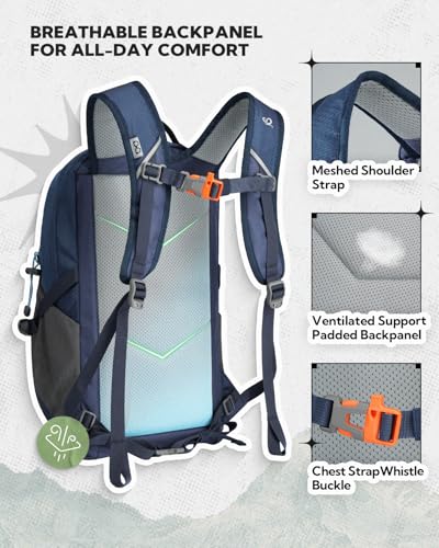 WATERFLY 20L Small Hiking Backpack for Women Men, Lightweight Breathable Back Panel, Chest Strap with Whistle, Fits 2L Water Bladder, Multi-Pocket Bag for Hiking Camping Travel Trekking Outdoor - color: Blue