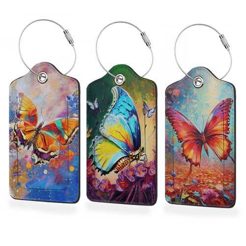 3 Pack Luggage Tag for Suitcase,Butterfly Leather Luggage Tag with Privacy Flap,Name ID Label and Metal Loop for Women Men Travel/Cruise Ships/Shipping/Mailing - color: Butterfly