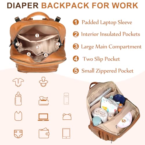 VASCHY Diaper Bag Backpack for Mum Dad, Unisex Large Waterproof Vegan Leather Baby Bag with Changing Pad,Insulated Pockets,Padded Laptop Sleeve for Travel,Brown - color: Tan