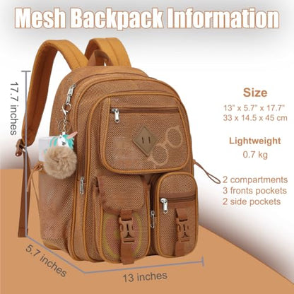Mesh Backpack for Girls Boys, Heavy Duty Semi-Transparent Mesh Bookbag Womens Mens Mesh Backpacks for School, Sports, Beach, Swimming, Travel Khaki - color: Khaki