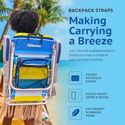 Homevative Cooler+ Folding Backpack Beach Chair with 5 Positions, Towel bar, XL Cooler Pouch, Storage Net, Cup and Phone Holder, Sunshine, 2 Pack - color: Sunshine