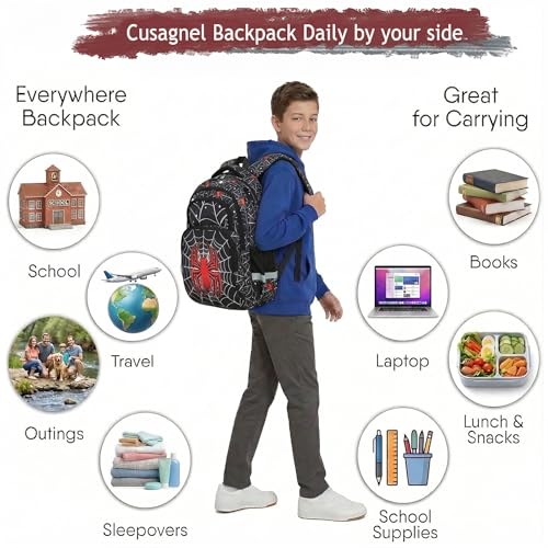 Cusangel kids Backpack with lunch box for School Boys Girls 8-12ages,16in Bookbag Stitch,durable Water Resistant,7 Pockets, Adjustable Chest Strap,Large For Travel,Gifts (Red Spider Set-17in) - color: Red Spider Set-17in