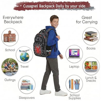 Cusangel kids Backpack with lunch box for School Boys Girls 8-12ages,16in Bookbag Stitch,durable Water Resistant,7 Pockets, Adjustable Chest Strap,Large For Travel,Gifts (Red Spider Set-17in) - color: Red Spider Set-17in