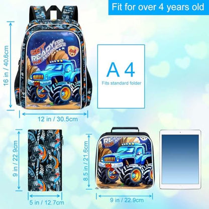 3Pcs Truck Backpack for Boys, 16" Bookbag with Lunch Box, Kids School Backpacks Set for Elementary Preschool Kindergarten (Balck) - color: Truck Blue
