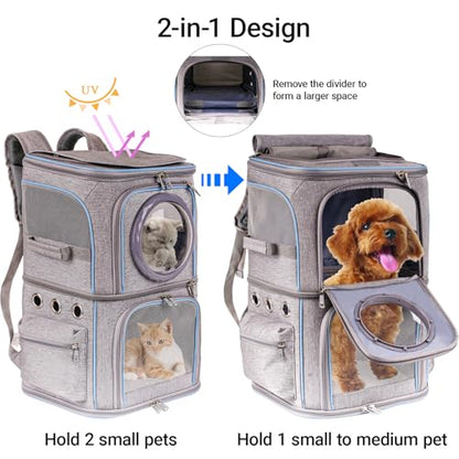 2-in-1 Pet Carrier Backpack for Two Cats or One Dog, Double-Layer 2 Compartment Carry Bag to Transport Small Animals Traveling and Hiking, Space Capsule Clear Bubble Dome - color: Grey