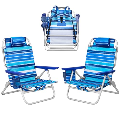 PRETZI Backpack Beach Chairs for Adults - Folding Heavy Duty Camping Chair with Storage Pouch, Cup Holder & Towel Rack, Lightweight & Adjustable Lounge Chair for Outdoor,Travel (2 Packs/Blue Strap) - color: Blue Strap, size: 2 packs