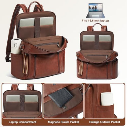 Shrrie Laptop Backpack for Women 15.6 inch,Travel Leather Backpack Purse Nurse Teacher Carry on Backpack Computer Bag,Professional Water-Resistant College Business Work Casual Daypack,Chocolate Brown - color: Brown01
