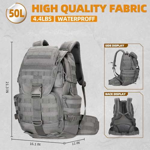 50L Military Tactical Backpack 3 Day Assault Pack Molle Daypack Hiking Backpack for Men and Women - color: Gray