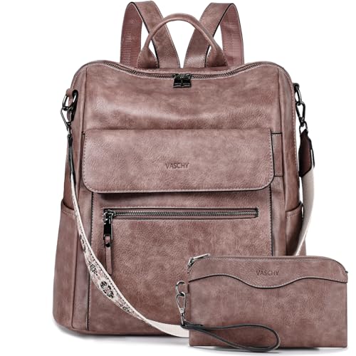VASCHY Backpack Purse for Women, Large Vegan Leather Backpack Purse with Wallet Pouch Set Convertible Handbag for Ladies Guitar Strap Pink - color: Pink