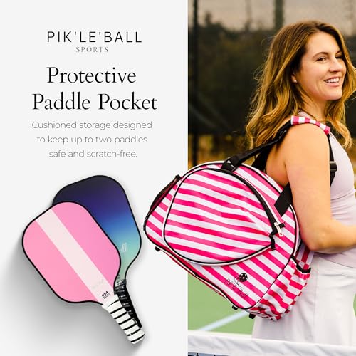 Pik’le’Ball Sport Premium Women's Pickleball Bag – Stylish and Versatile Sports Bag with Water Bottle Holder, Padded Paddle Pocket, and Spacious Design (fits 2+ Paddles!) - color: Stylish Stripe Pink