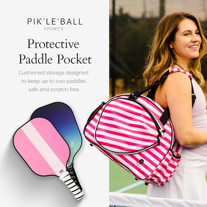 Pik’le’Ball Sport Premium Women's Pickleball Bag – Stylish and Versatile Sports Bag with Water Bottle Holder, Padded Paddle Pocket, and Spacious Design (fits 2+ Paddles!) - color: Stylish Stripe Pink