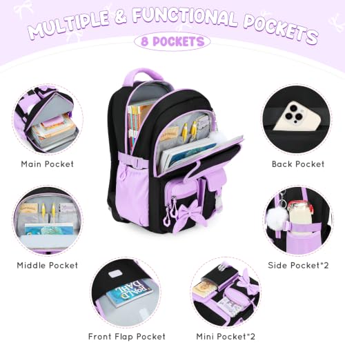 Kids Backpack for Girls, 3PCS School Backpack Set with Insulated Lunch Box & Pencil Case, Waterproof Lightweight Bookbag for Elementary & Middle School, Cute Bow Travel Daypack Black-Purple - color: Black-purple