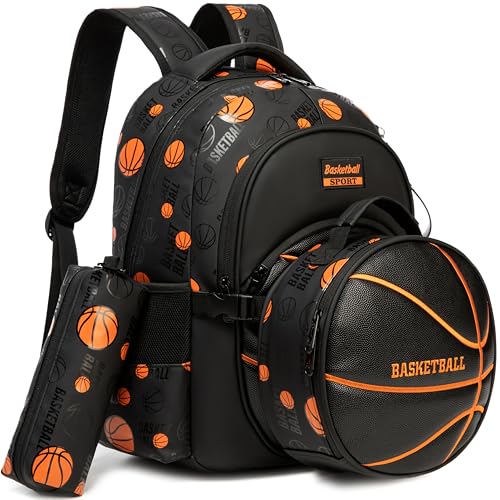 Boys' School Backpack with Lunch Box and Pencil Case - Ideal for Teens and Middle School Students, Black Basketball - color: 08 Basketball