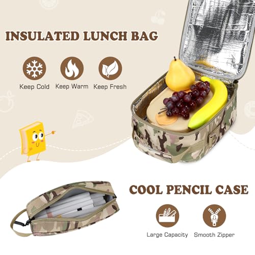 Camo Backpack for Boys, Tactical Boys Backpack with Lunch Box Pencil Case, Kids Backpacks with USB Charging Port, Military Army School Bookbag for Teen Boy Elementary Middle High School Camp - color: Khaki-green