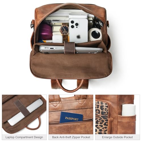 Shrrie 15.6 inch Laptop Backpack for Women,Large Leather Purse,Travel Backpacks Carry on,Water Resistant Casual Laptop Backpacks,College Backpack,Work Backpack for Women,Two-tone Camel Brown - color: Brown With Leopard
