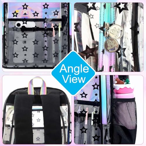 gxtvo 3PCS Girls See Through Bookbag Heavy-Duty Set for Women & Teen, 17" Black Clear School Backpack with Rainbow Strap, Cute Star Transparent Bag - color: Black Star Rainbow Clear Backpack Set