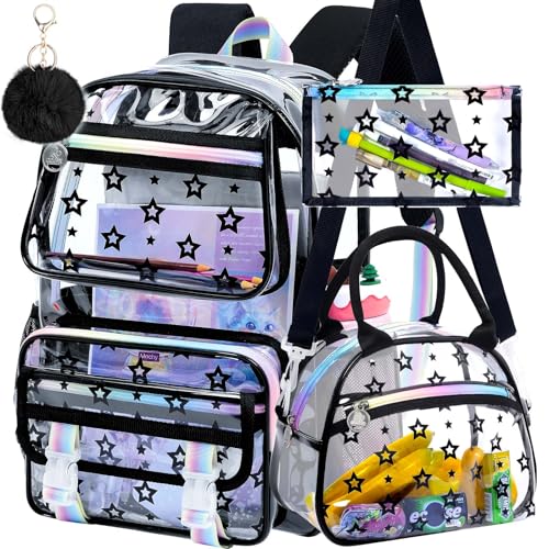 KLFVB 3PCS Clear School Backpack Heavy Duty, Girls See Through Bookbag Set, Cute Transparent Bag for Women - Star Black - color: Star Black Clear Backpack