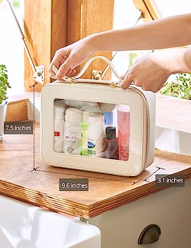 Popvibe Clear Makeup Case White Toiletry Bag Travel Large Clear Cosmetic Bag with Zipper, Big Make Up Bag Organizer Women Traveling TSA Approved Transparent Bag Car for Essentials - color: White, style: Large Luxe