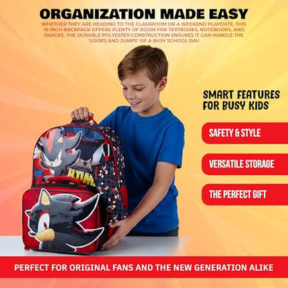 AI ACCESSORY INNOVATIONS Sonic the Hedgehog 5 PC Backpack Set for Girls & Boys, 16” Book Bag Featuring Shadow The Hedgehog, Black - color: Shadow The Hedgehog