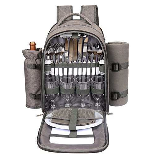 Hap Tim Picnic Basket Backpack for 4 Person with Blanket, Wine Holder, Cooler Compartment, Cutlery Set, for Couples, Ideas, Engagement Gifts, Gray (3065-G) - color: Gray, size: 4 person