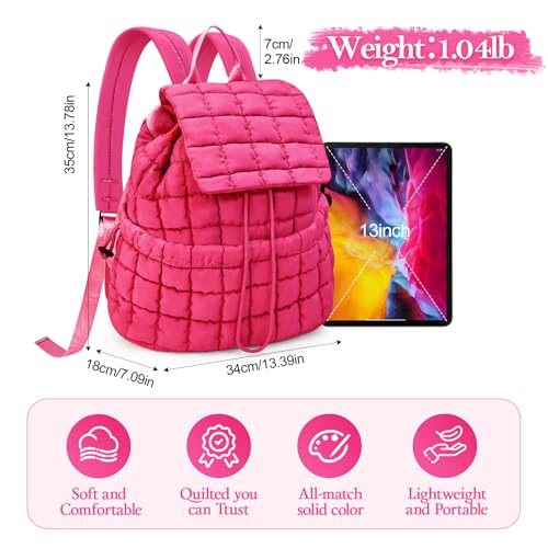 Quilted Puffer Backpack for Women Lightweight Soft Puffy Backpack Purse Casual Daily Drawstring Flap Daypack (Rose Red) - color: Rose Red